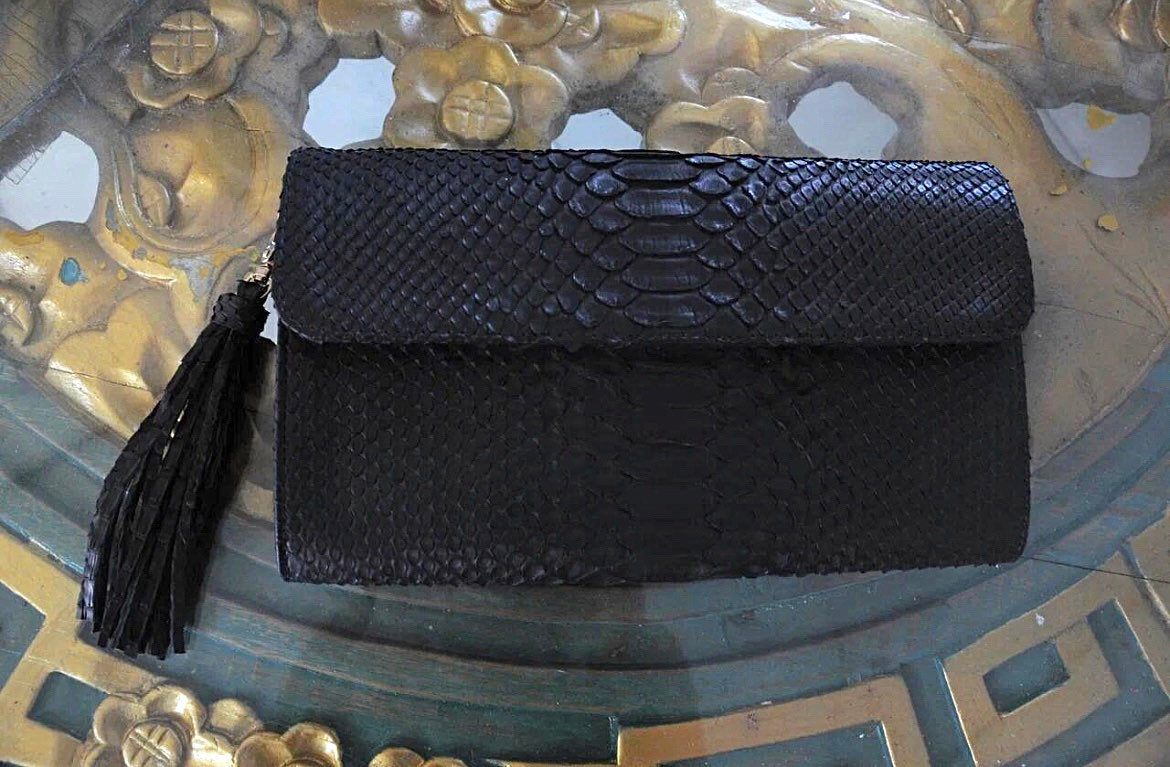Genuine python skin classy flat clutch with shoulder chain