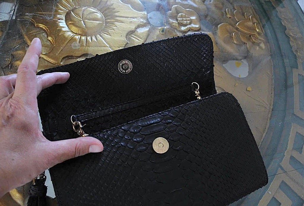 Genuine Python Skin Flat Clutch with Chain — Nude