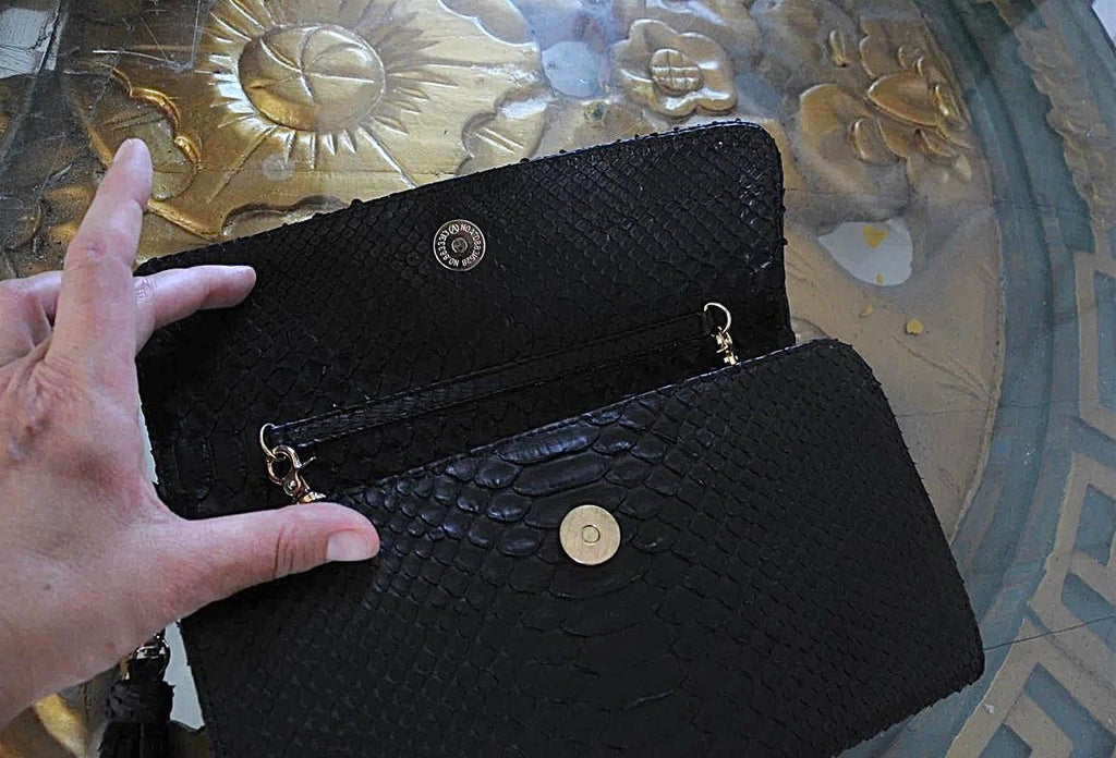 Genuine python skin classy flat clutch with shoulder chain