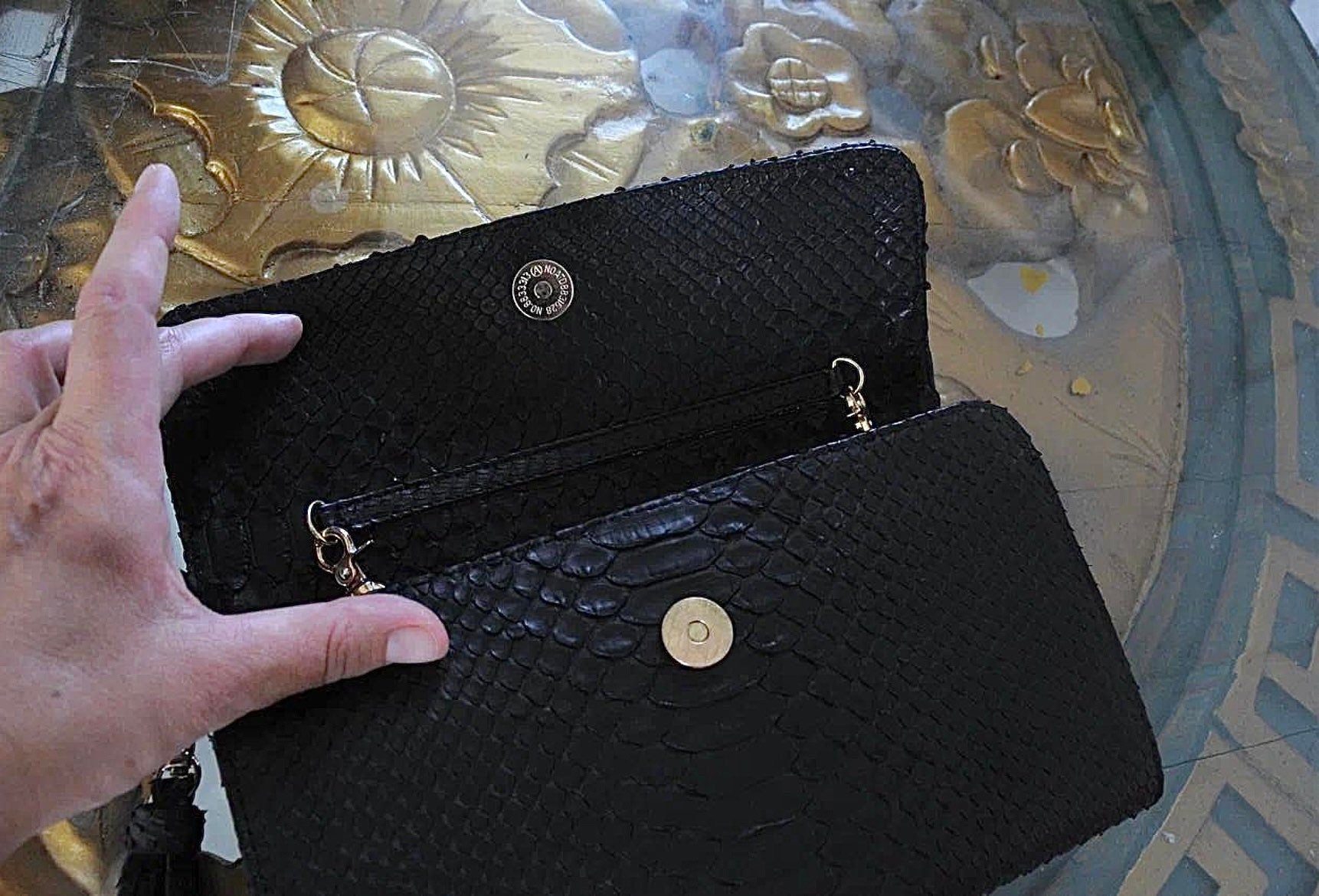 Genuine python skin classy flat clutch with shoulder chain