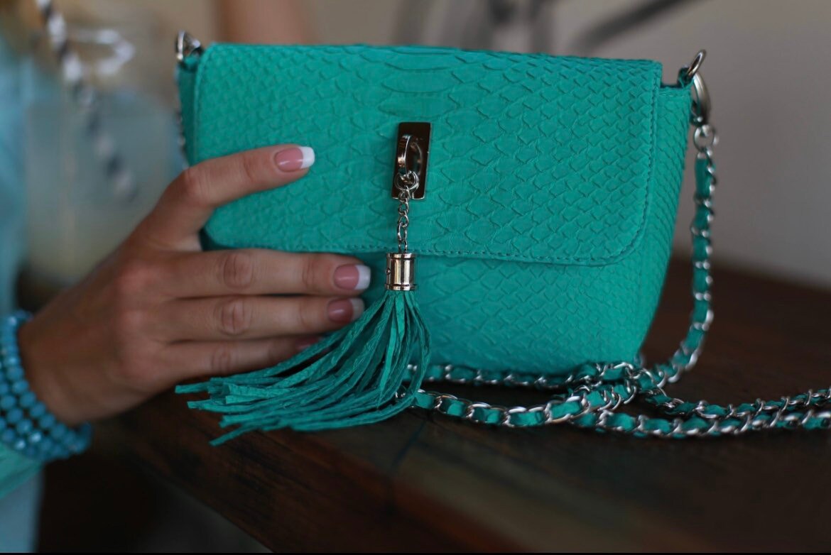 Bag Crossbody  turquoise colour Genuine Python Skin | Summer Bag Women | Exotic Leather Bags | Classy Elegant Small Crossbody | Python Bags