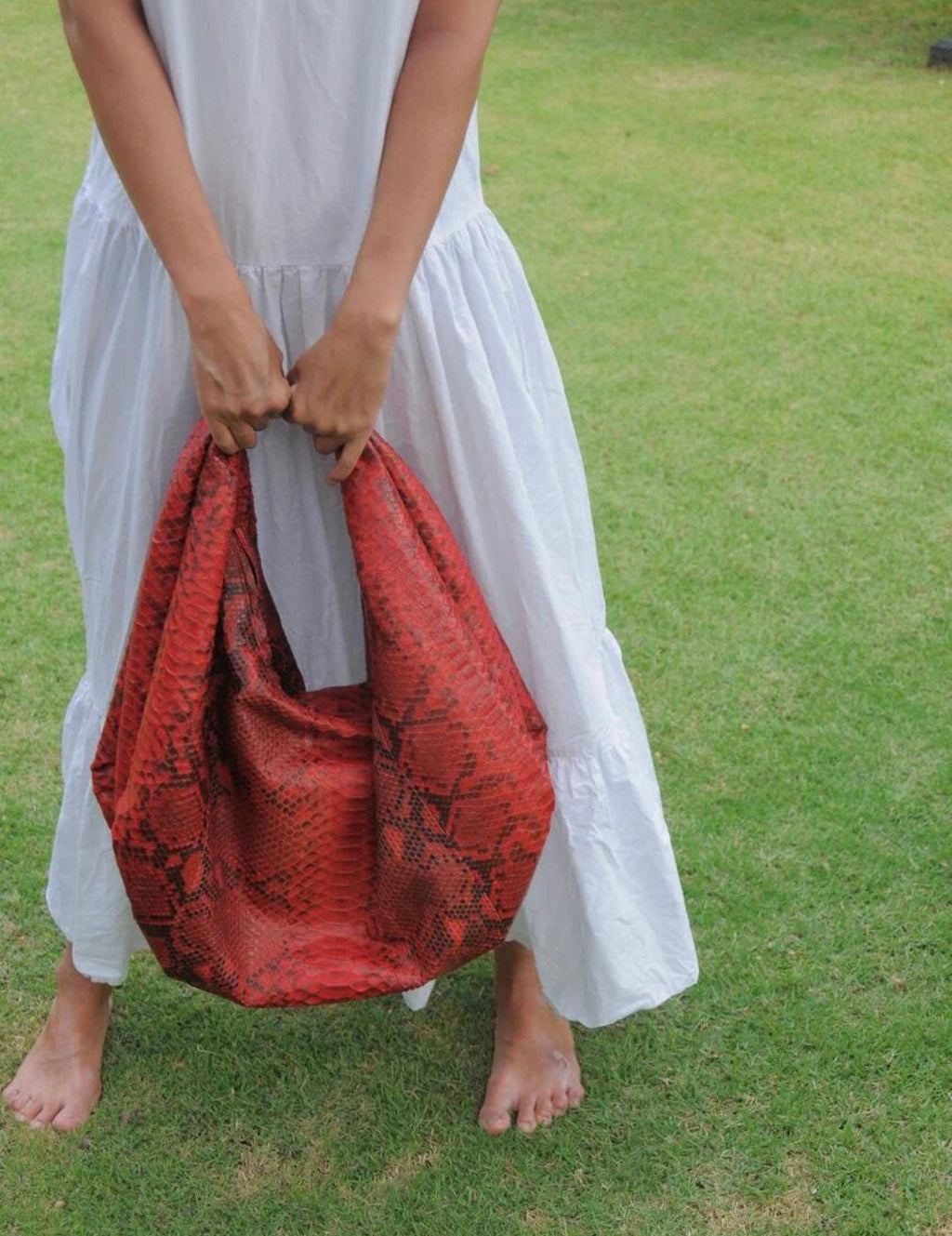 Big Soft Hobo Python Skin Bag — Red
