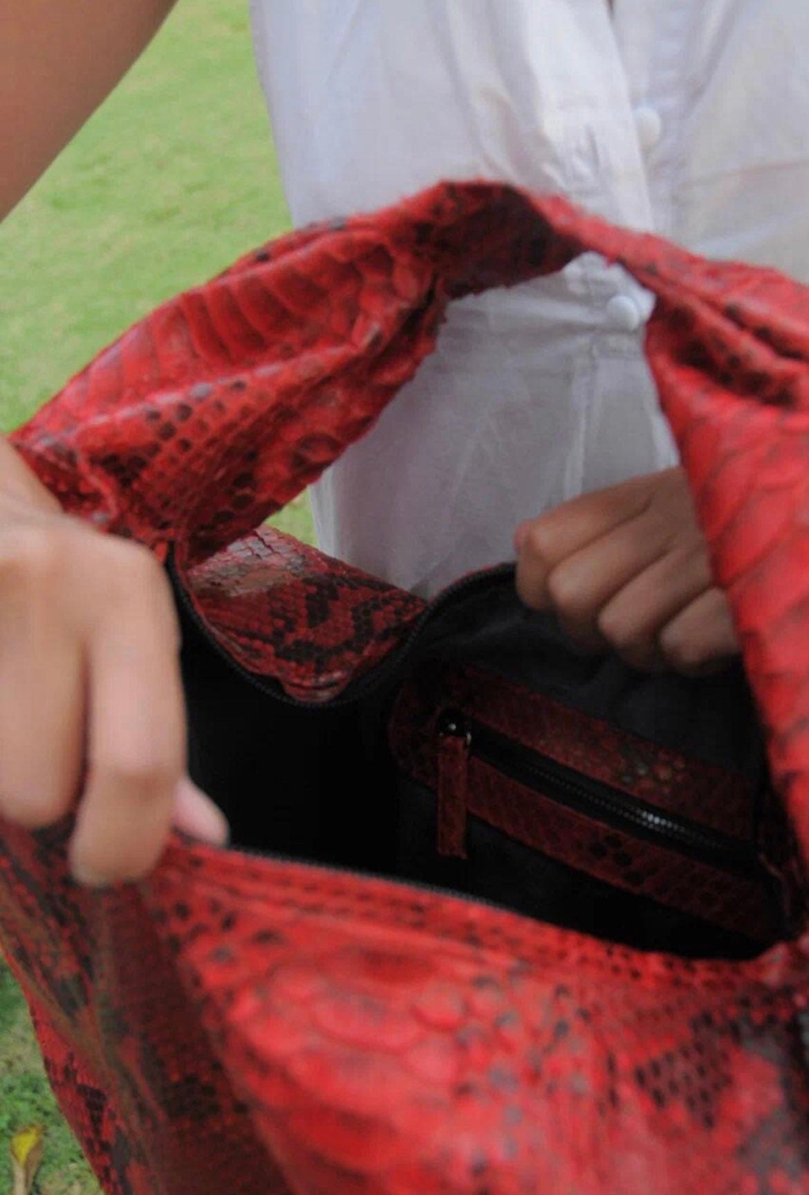 Big Soft Hobo Python Skin Bag — Red