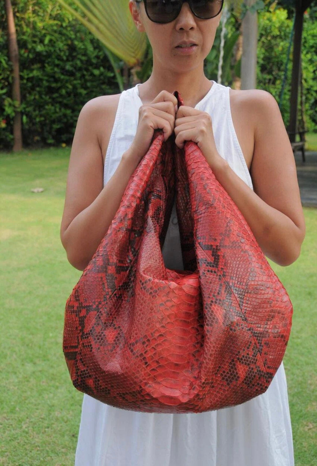 Big Soft Hobo Python Skin Bag — Red