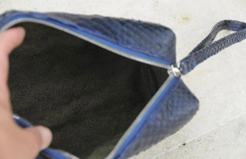 Genuine python skin blue cosmetic bag