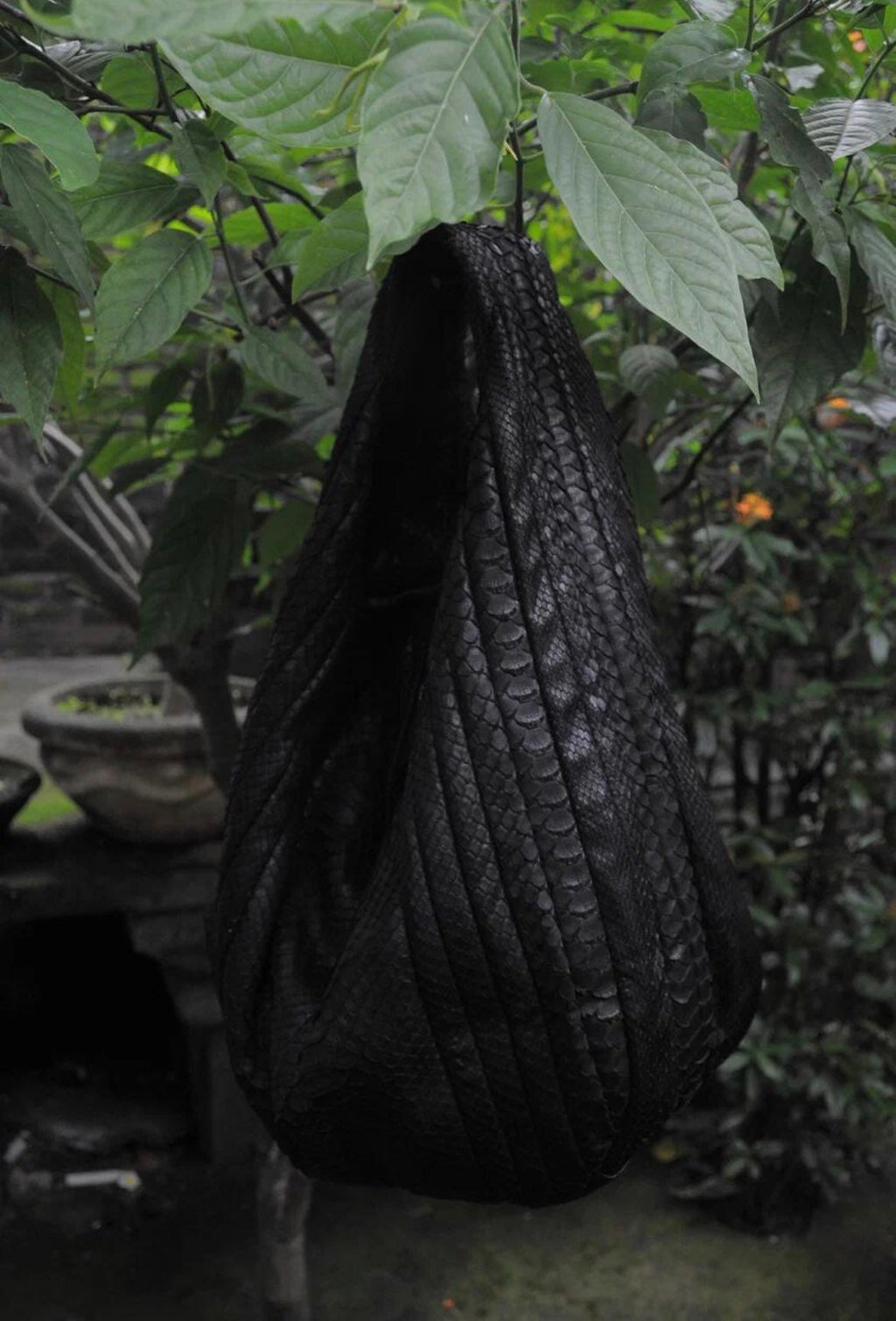 Big Soft Hobo Python Skin Stitched Bag — Black