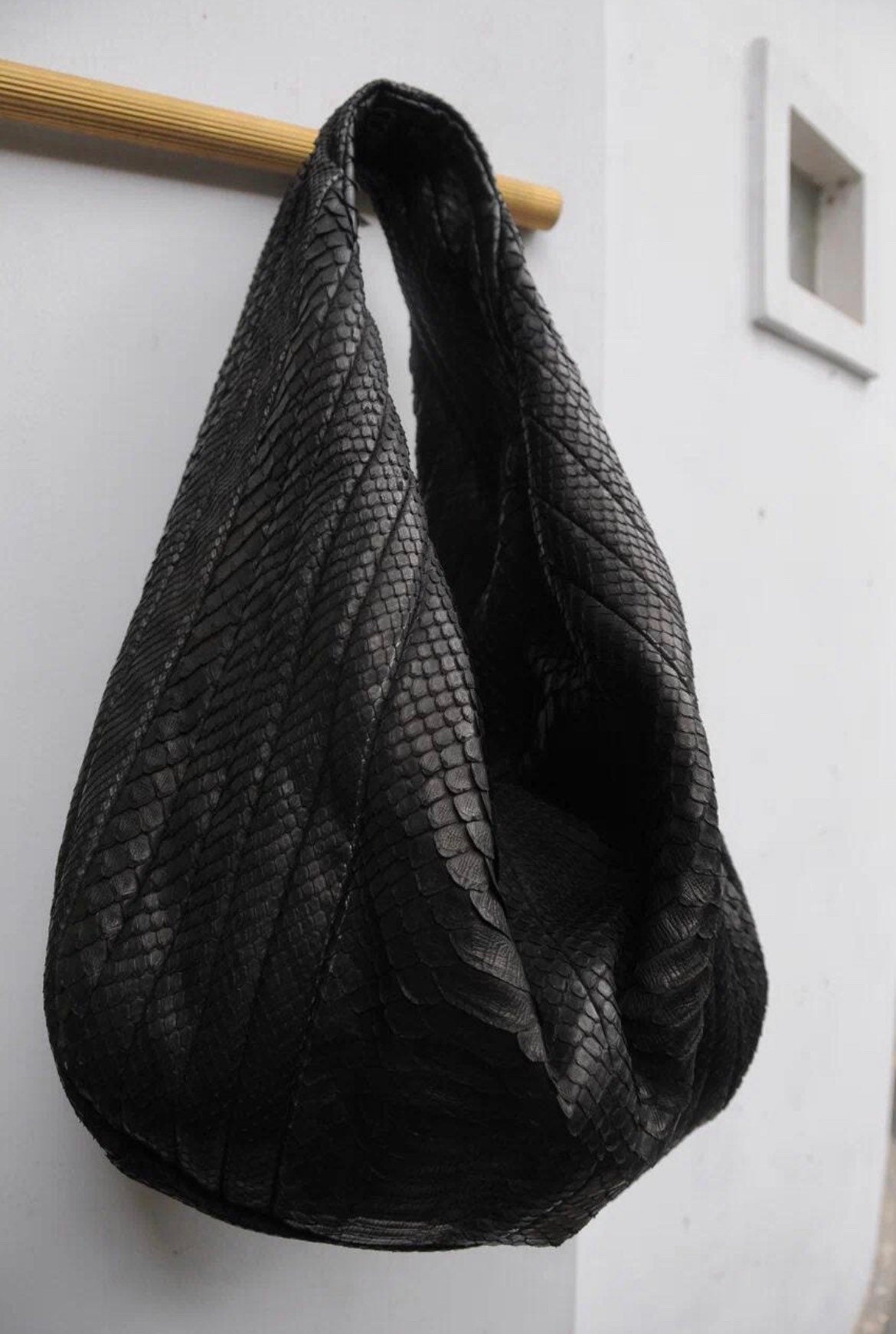 Big Soft Hobo Python Skin Stitched Bag — Black