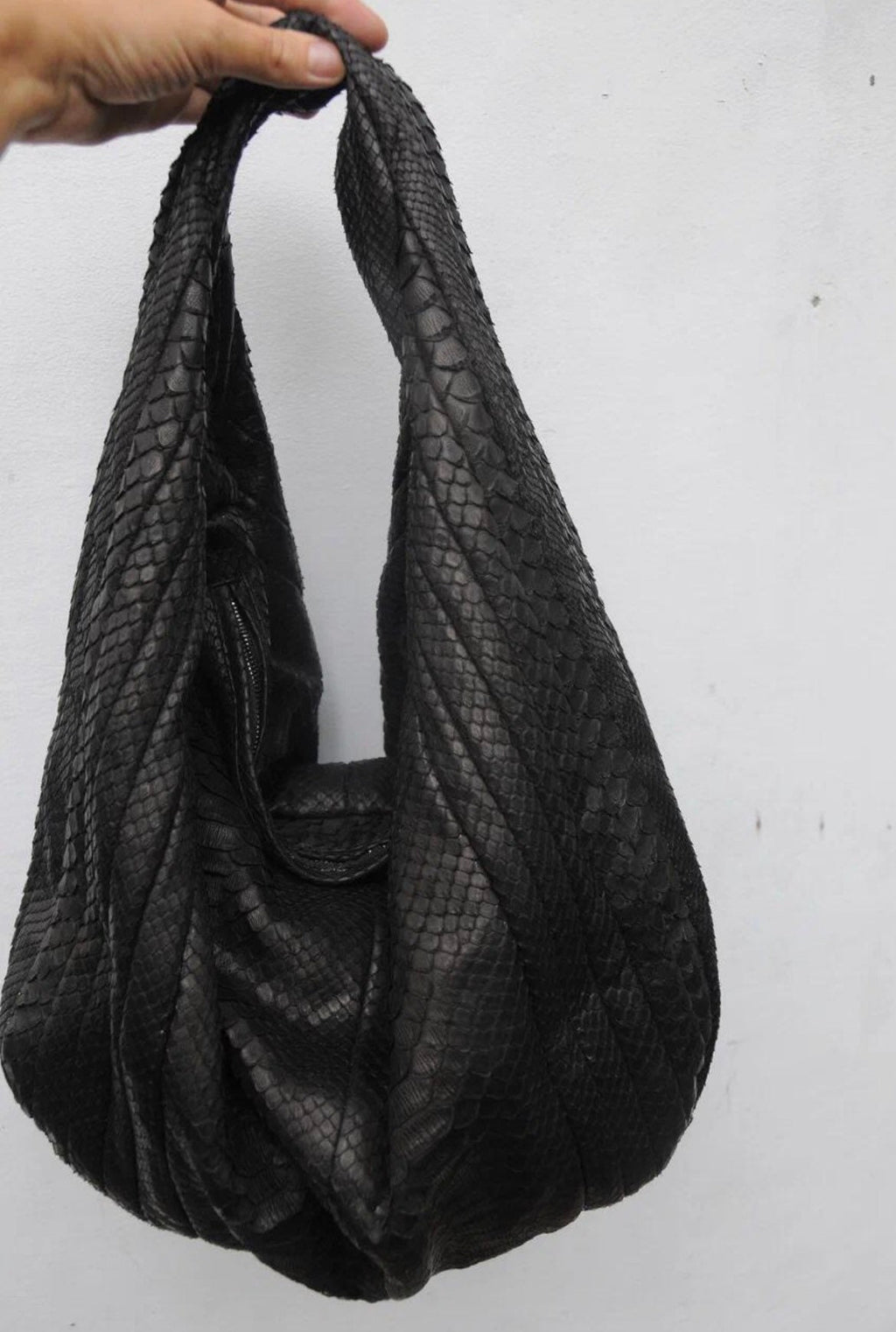 Big Soft Hobo Python Skin Stitched Bag — Black