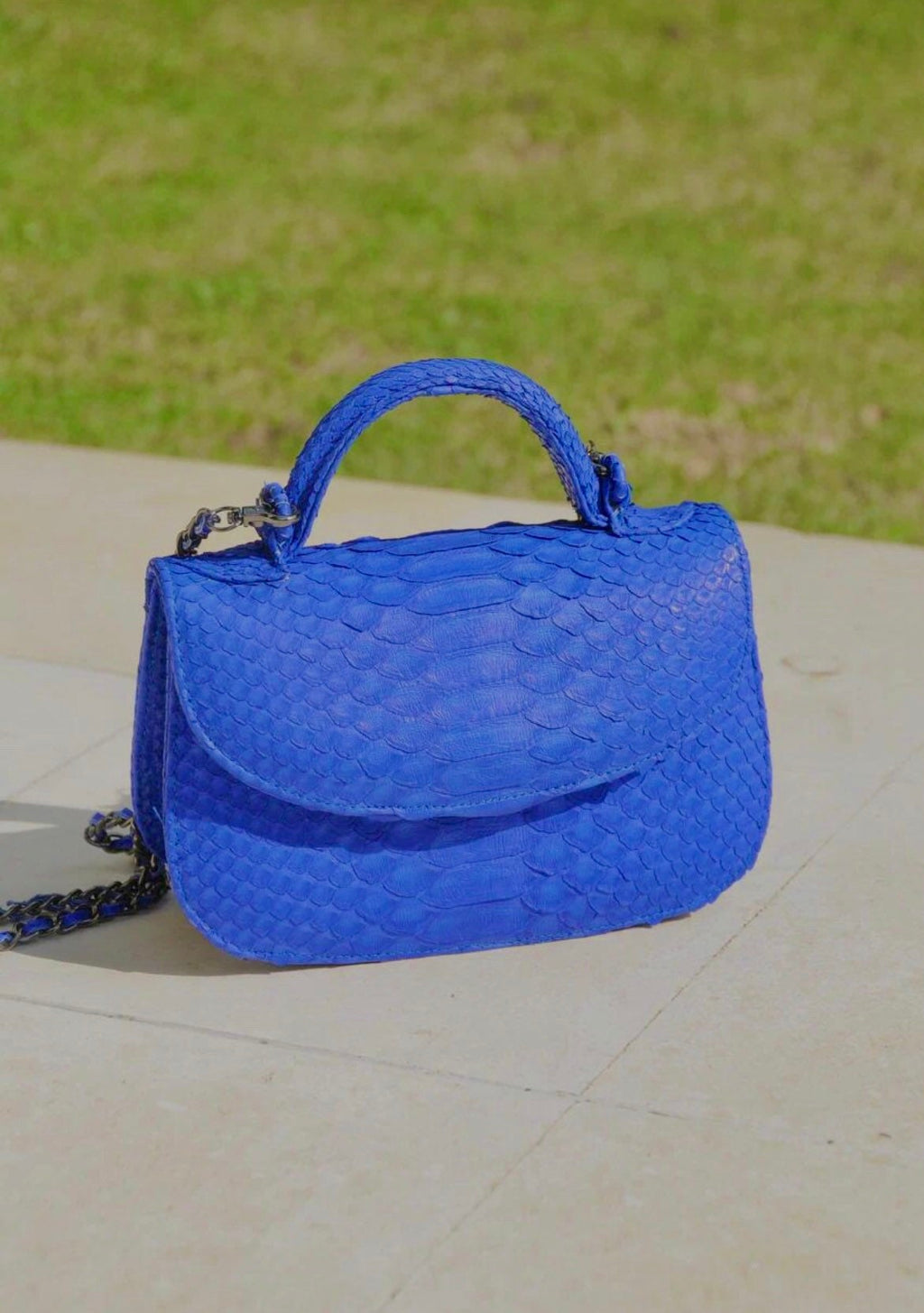 Genuine Python Skin Top Handle Crossbody Bag — Bright Blue