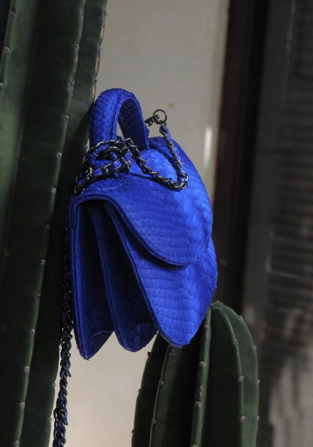 Genuine Python Skin Top Handle Bright Blue Crossbody Bag