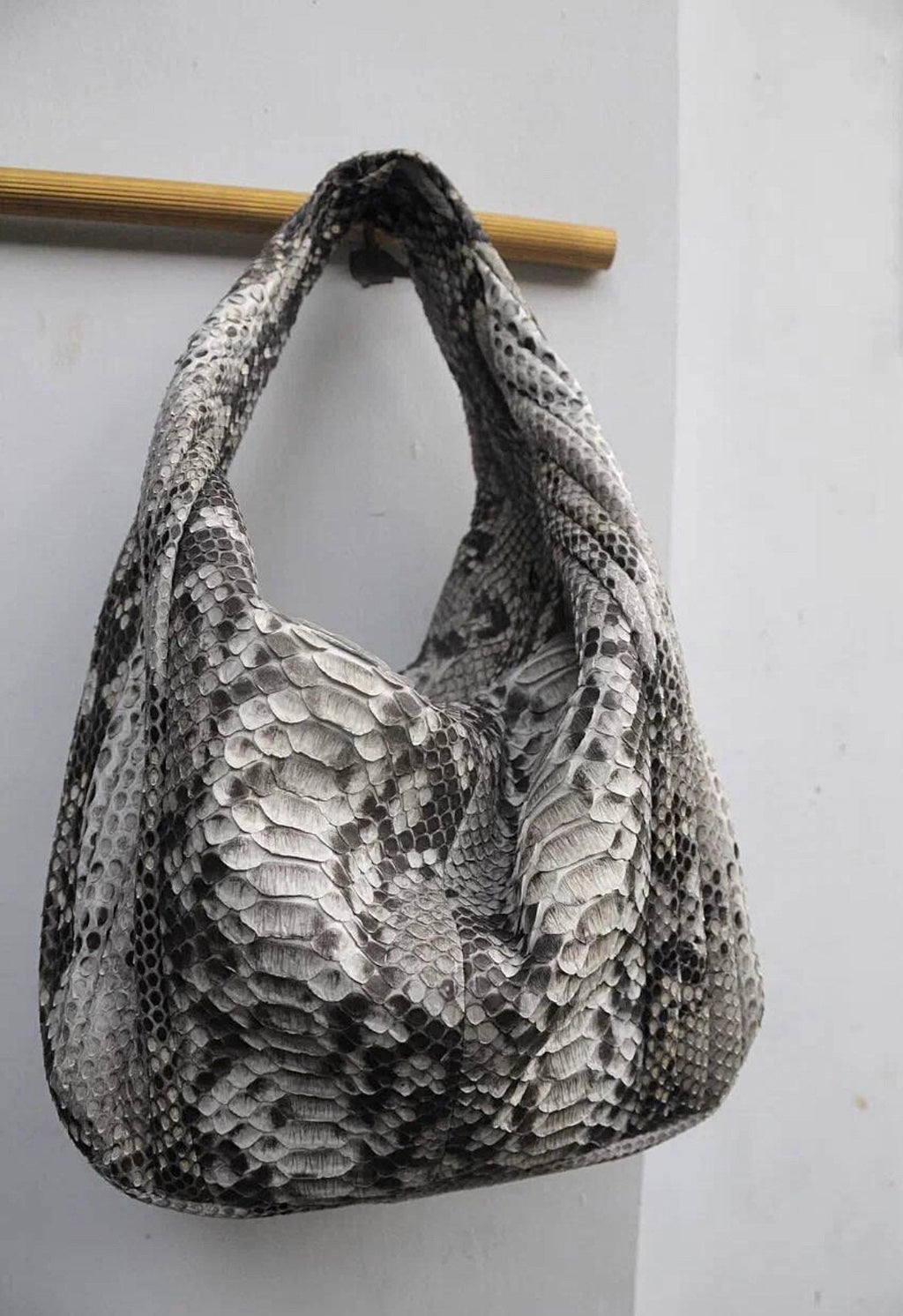 Big Soft Hobo Python Skin Stitched Bag — Gray