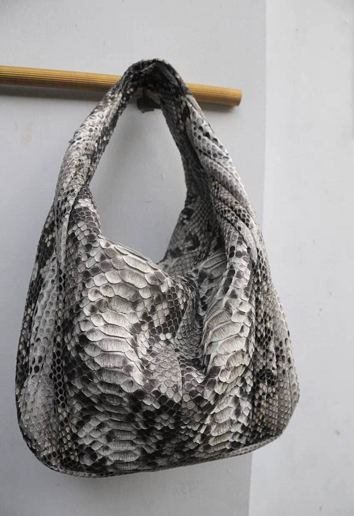 Big Soft Hobo Python Skin Stitched Bag — Gray