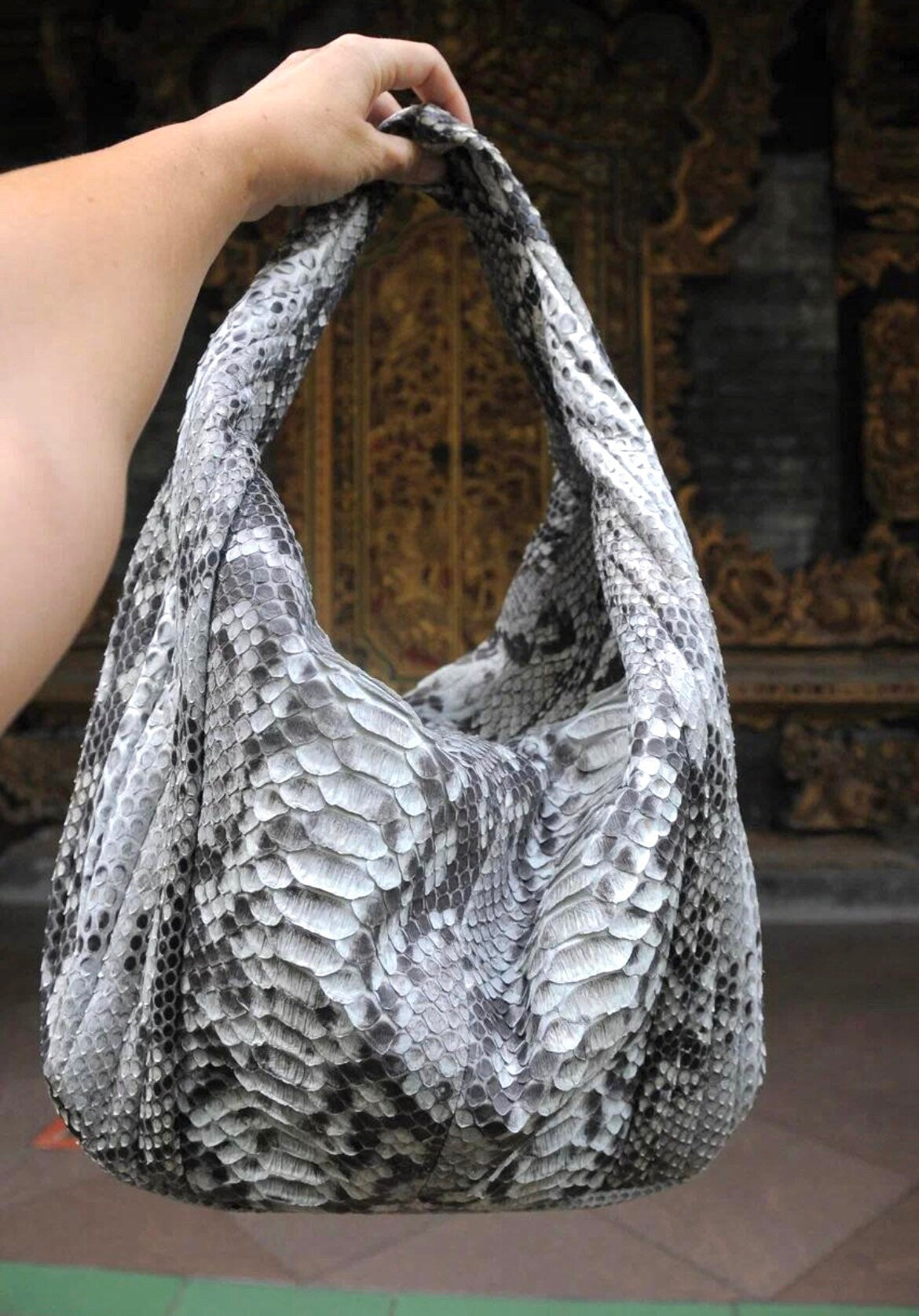 Big Soft Hobo Python Skin Stitched Bag — Gray