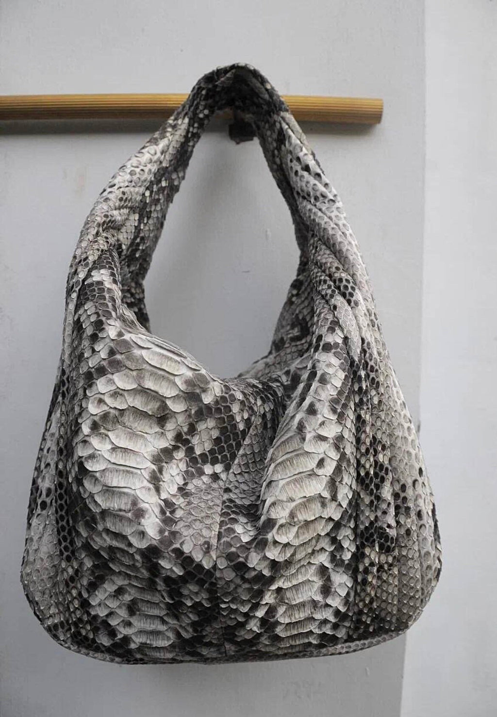 Big Soft Hobo Python Skin Stitched Bag — Gray