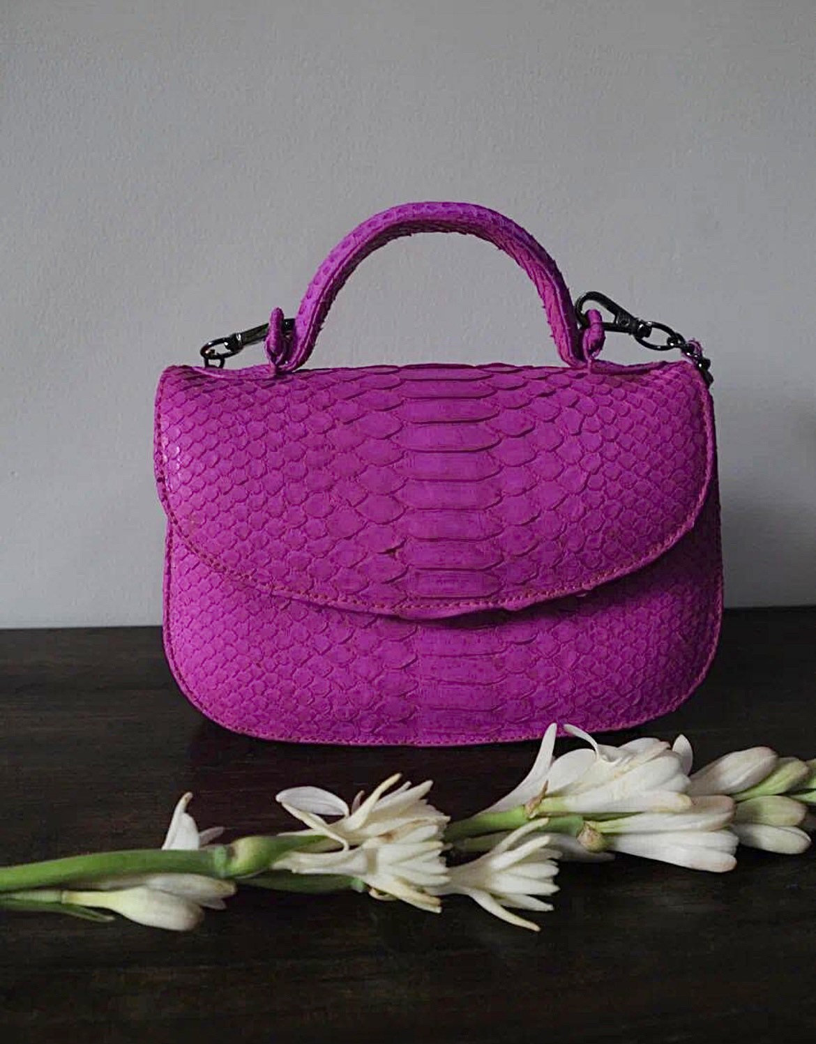 Genuine Python Skin Top Handle Crossbody Bag — Hot Pink