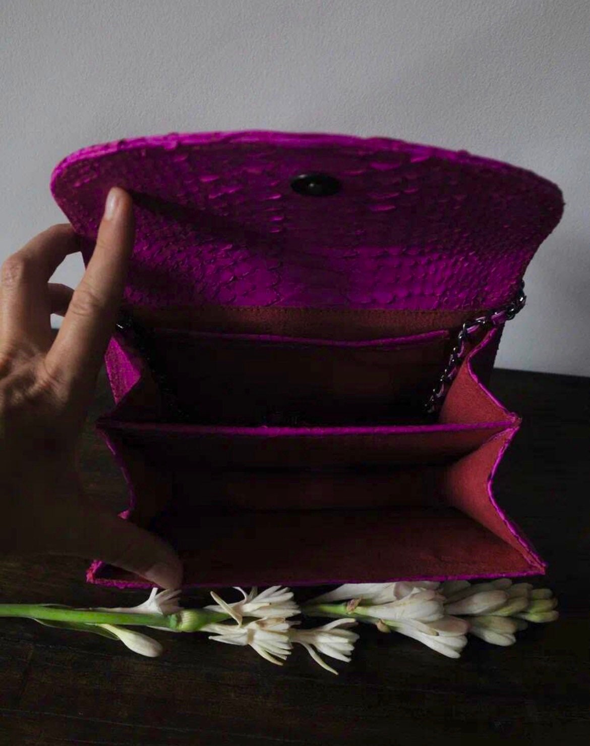 Genuine Python Skin Top Handle Crossbody Bag — Hot Pink