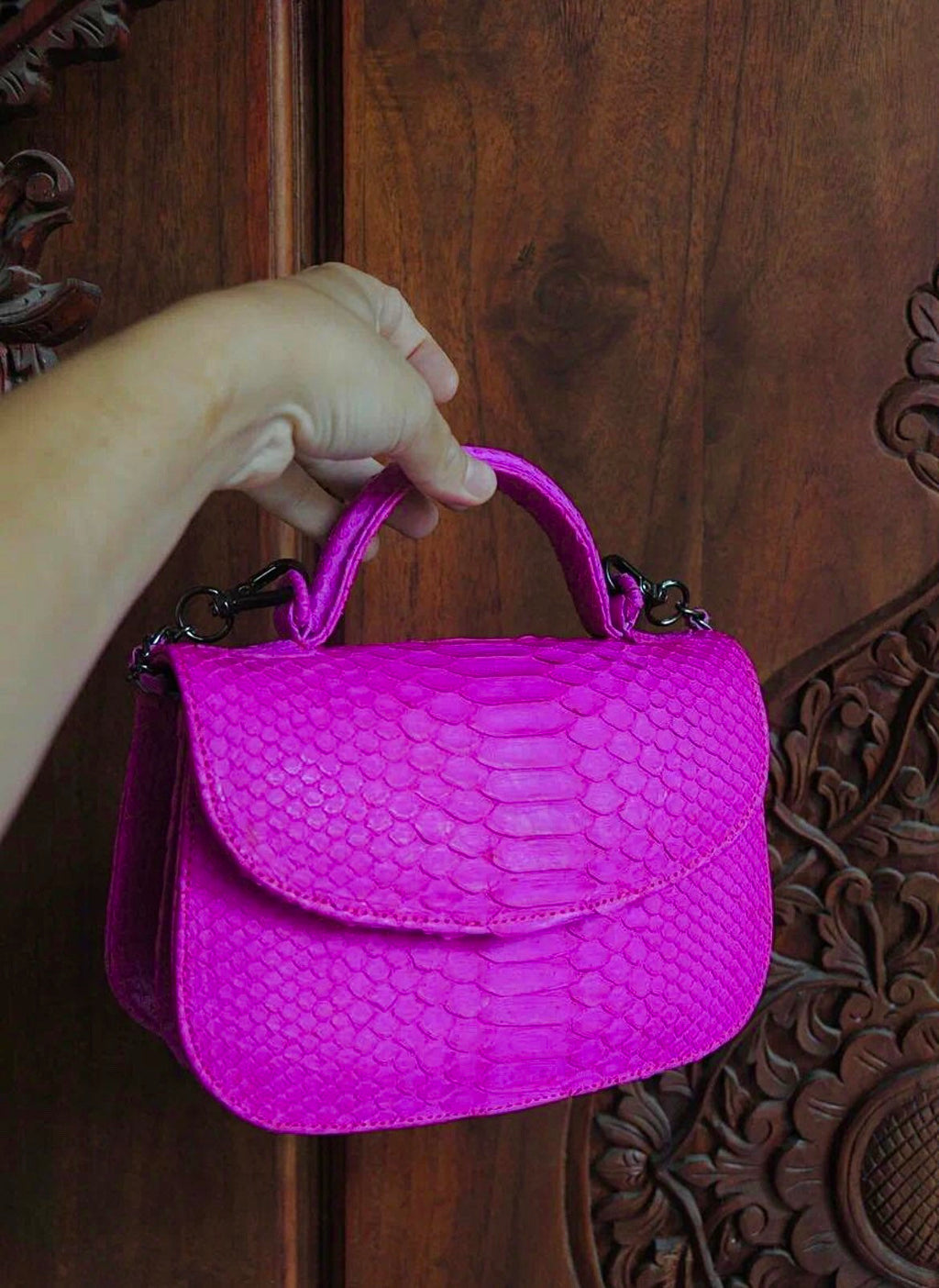 Genuine Python Skin Top Handle Crossbody Bag — Hot Pink