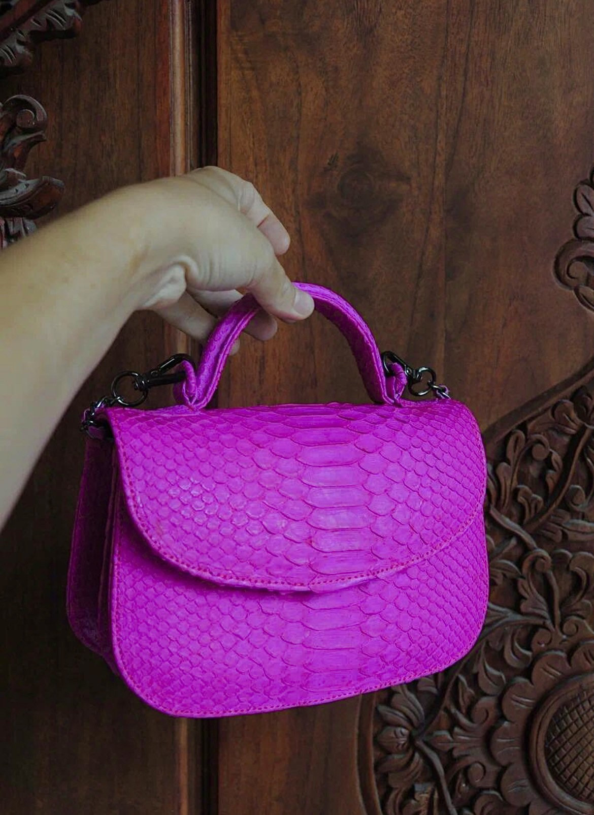 Genuine Python Skin Top Handle Crossbody Bag — Hot Pink