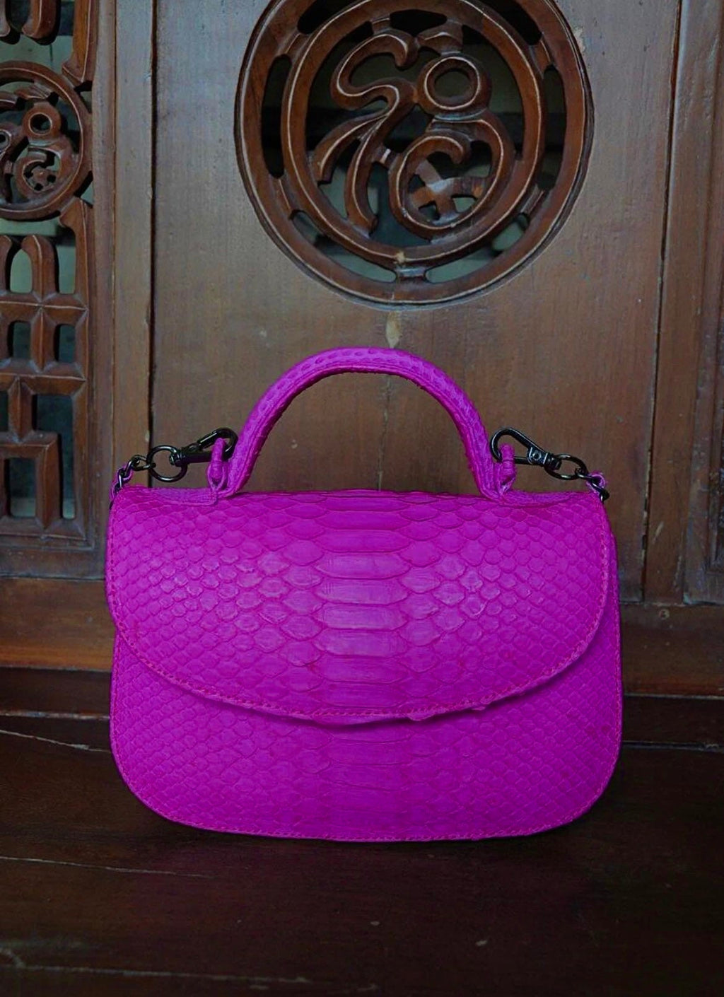 Genuine Python Skin Top Handle Crossbody Bag — Hot Pink
