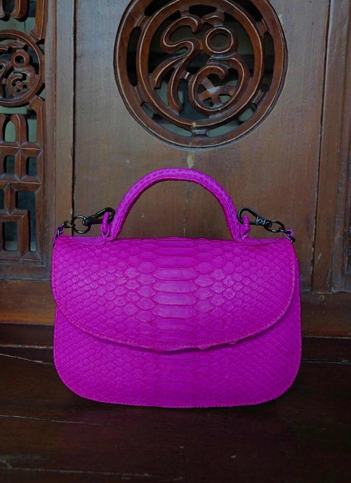 Genuine Python Skin Top Handle Crossbody Bag — Hot Pink