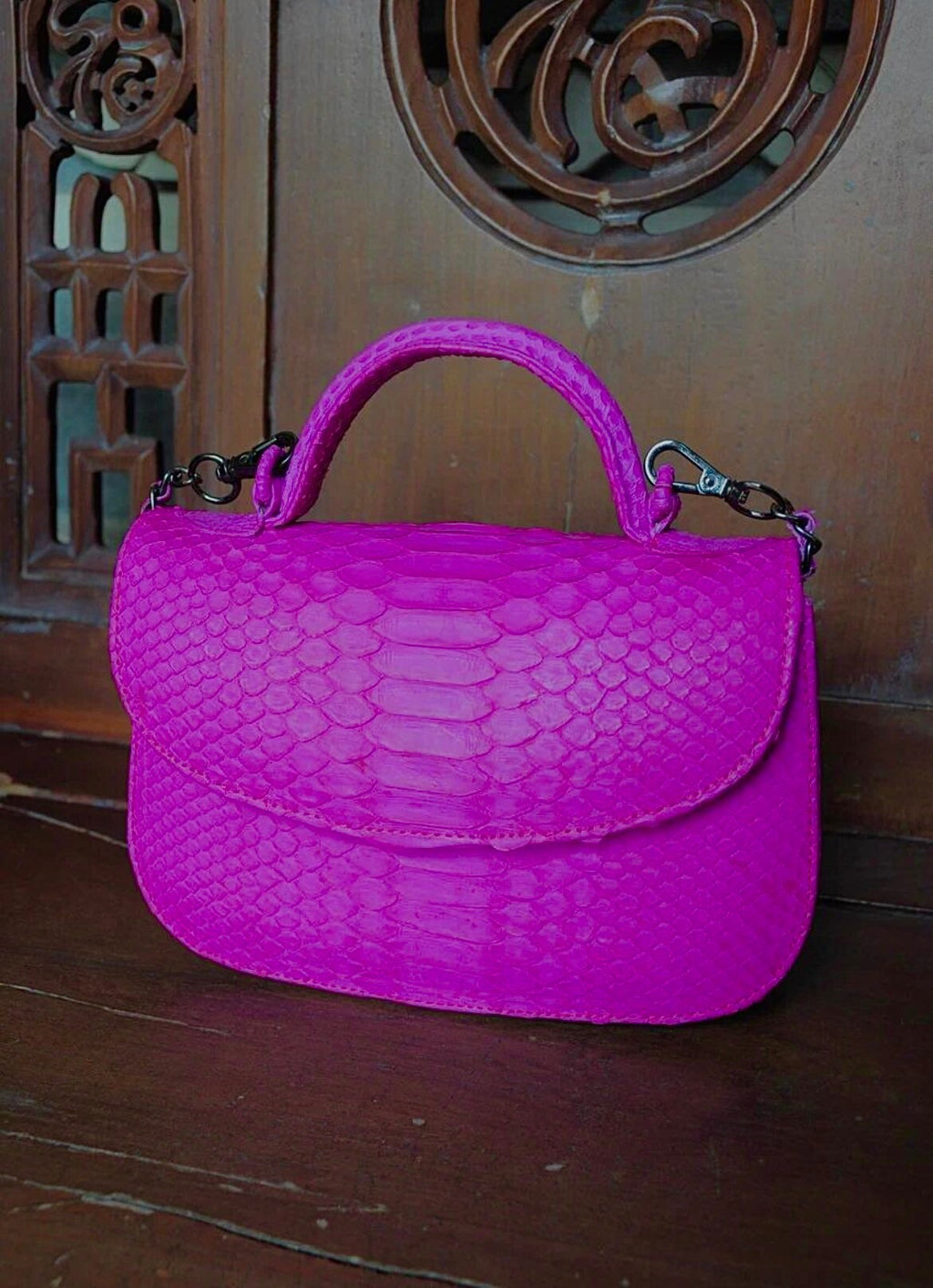 Genuine Python Skin Top Handle Crossbody Bag — Hot Pink