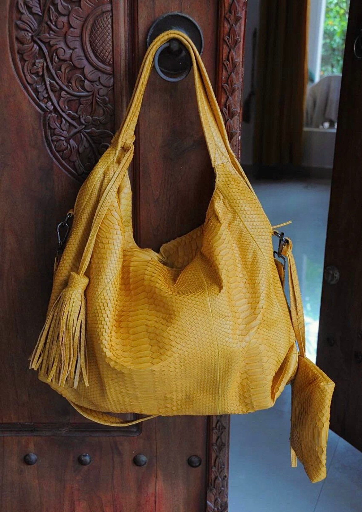 Big Soft Hobo Python Skin Bag — Yellow