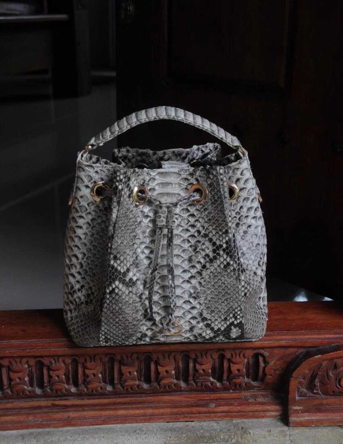Genuine python skin grey bucket crosshandle bag/ designer women purse — Red