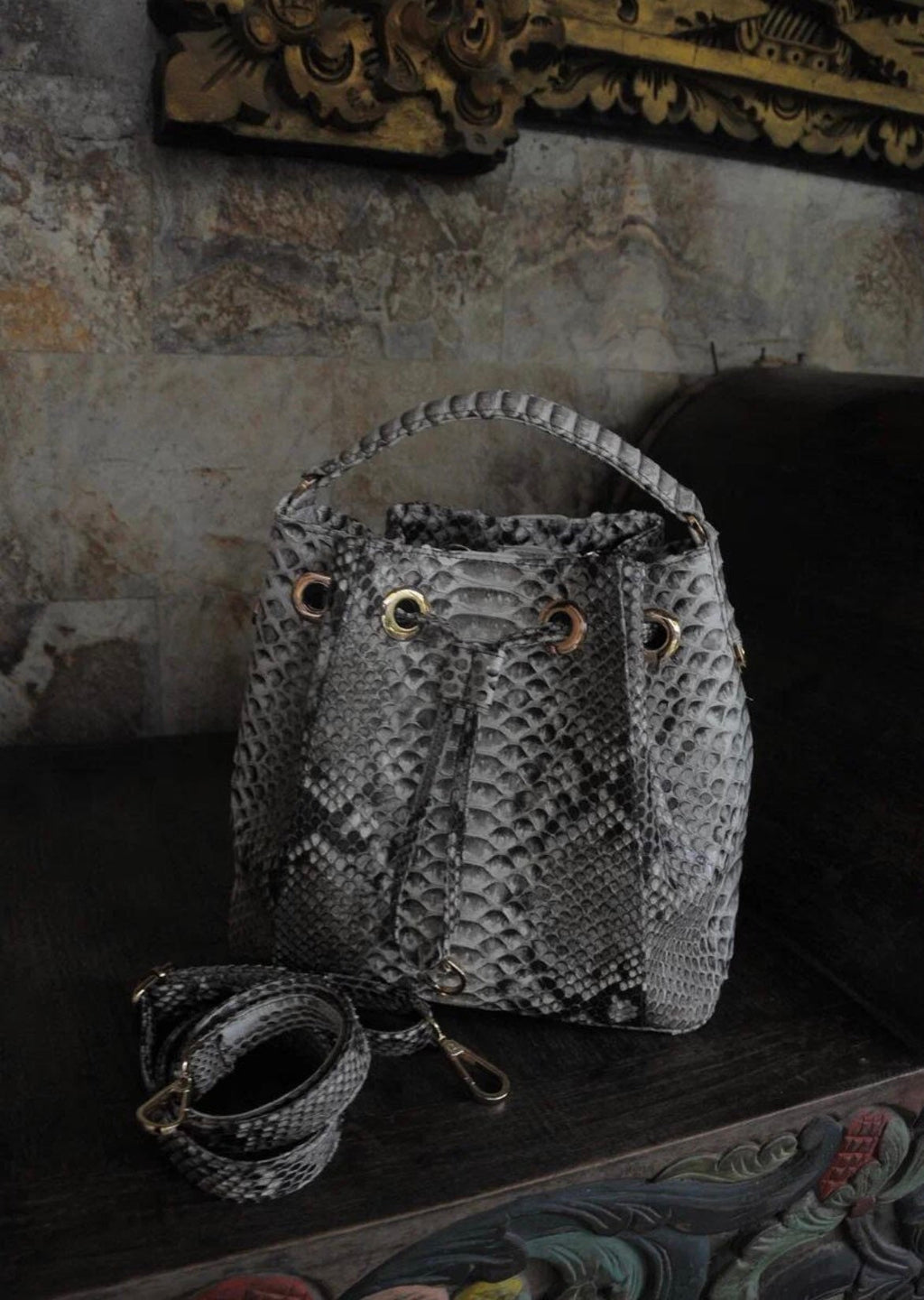 Genuine python skin grey bucket crosshandle bag/ designer women purse — Red