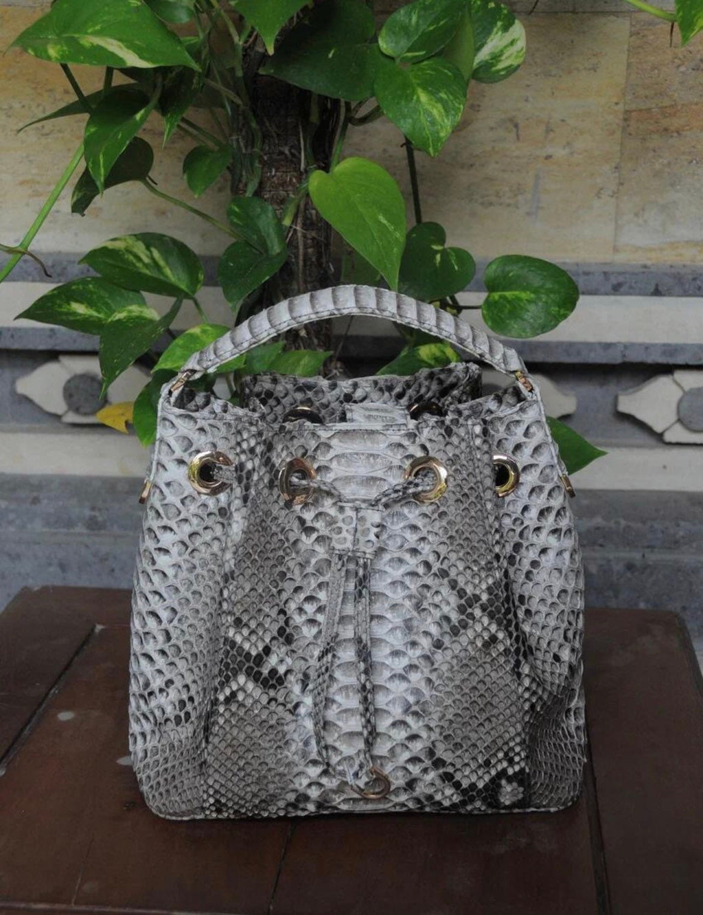 Genuine python skin grey bucket crosshandle bag/ designer women purse — Red