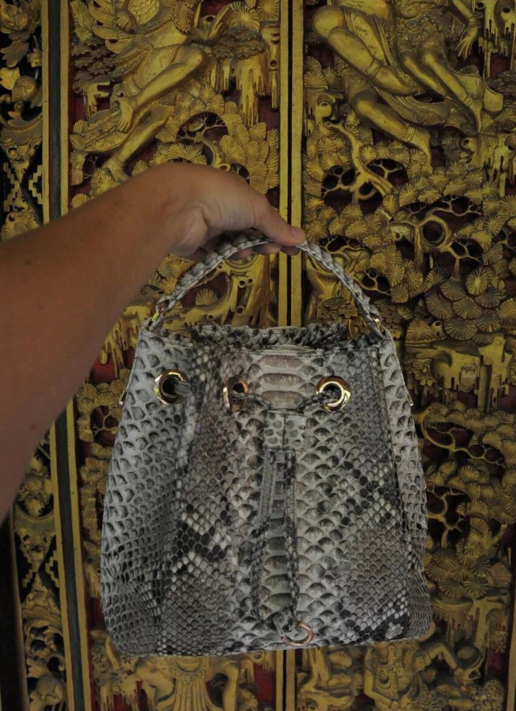Genuine python skin grey bucket crosshandle bag/ designer women purse — Red