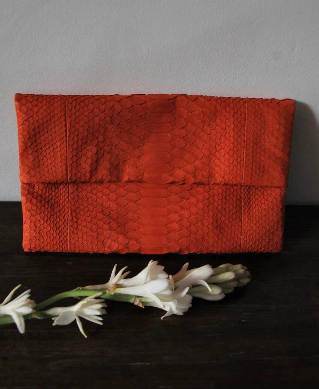 Genuine Python Skin Envelope Clutch — Orange