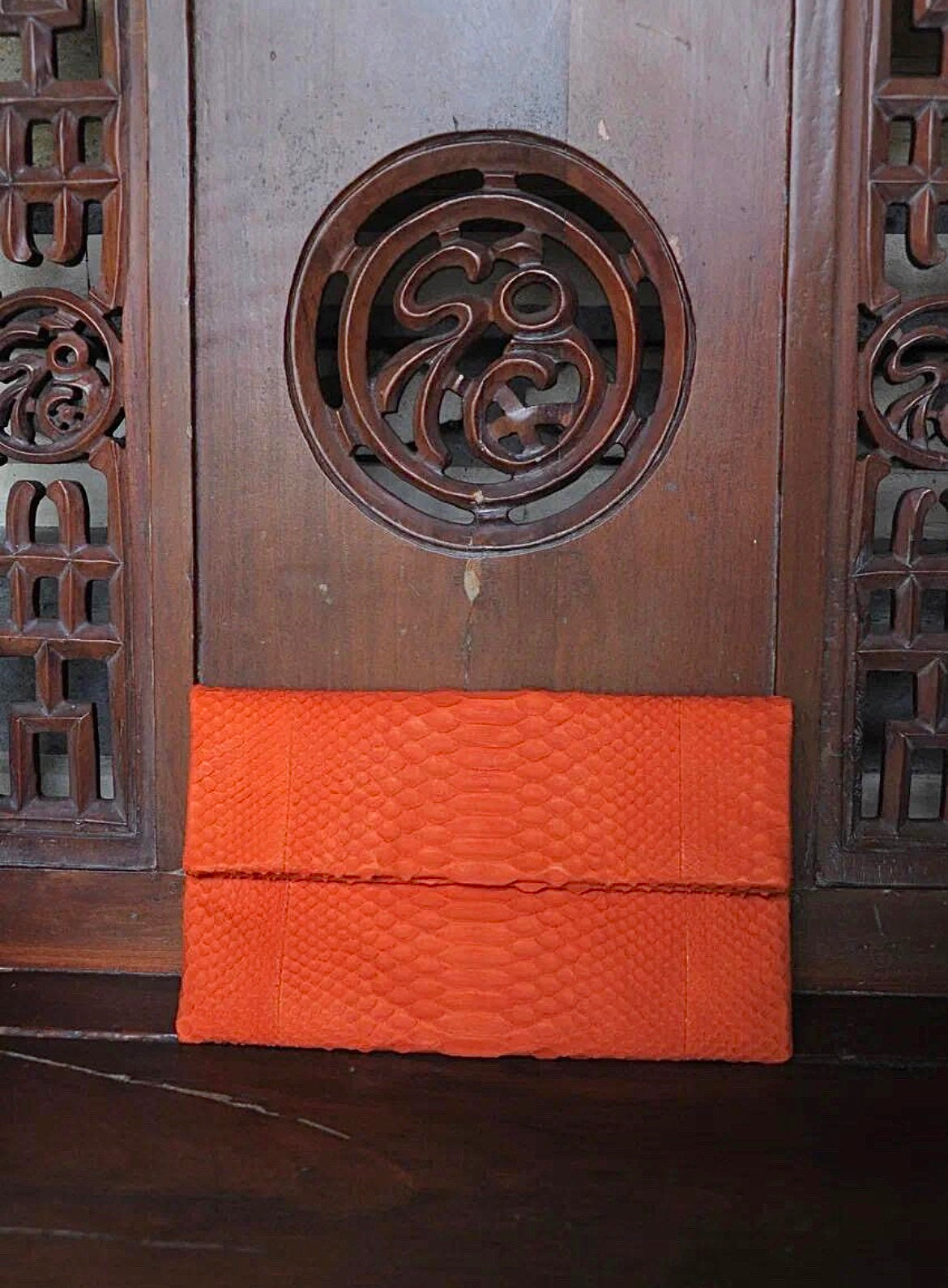 Genuine Python Skin Envelope Clutch — Orange
