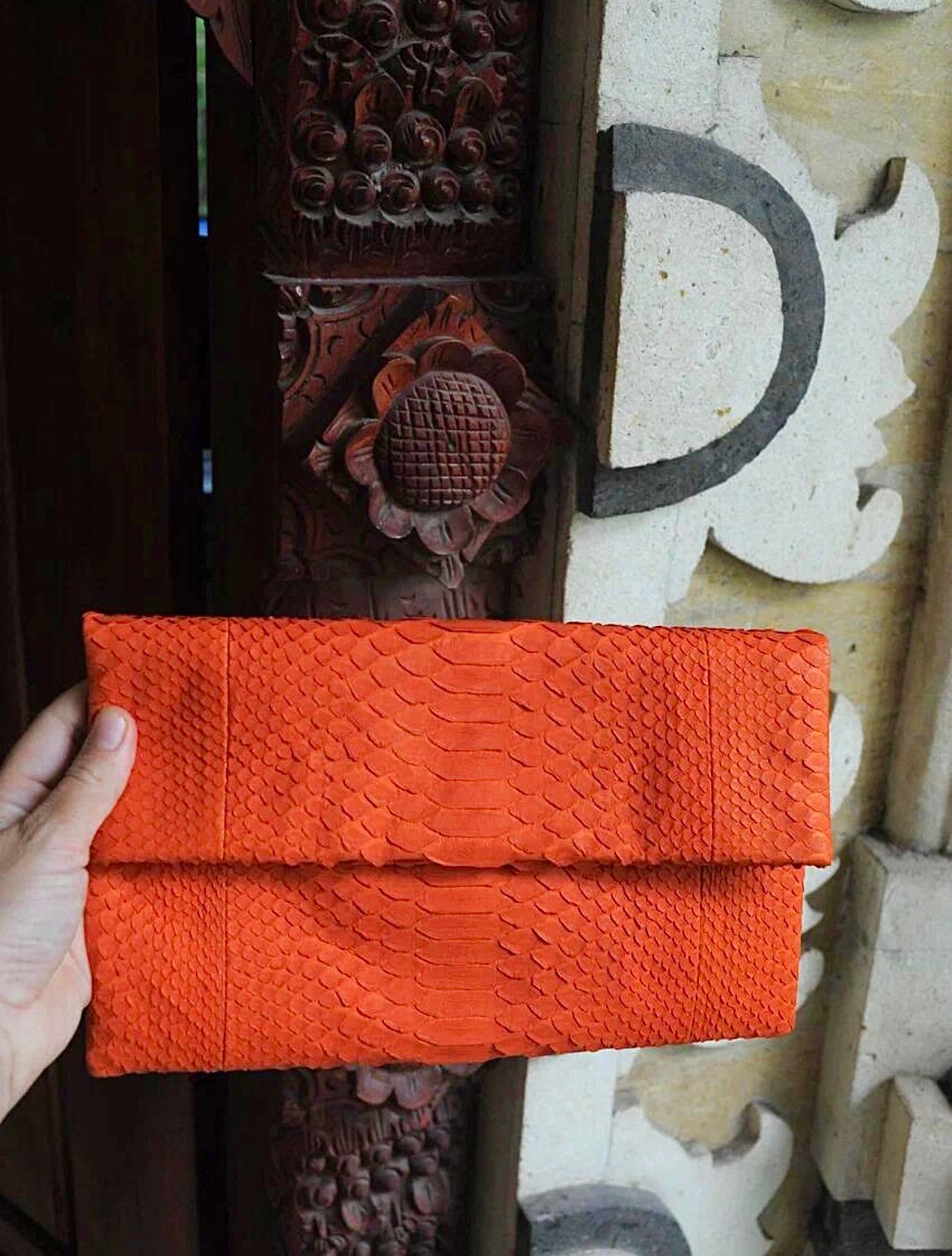 Genuine Python Skin Envelope Clutch — Orange