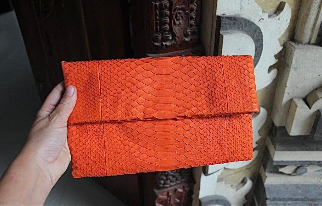 Genuine Python Skin Envelope Clutch — Orange