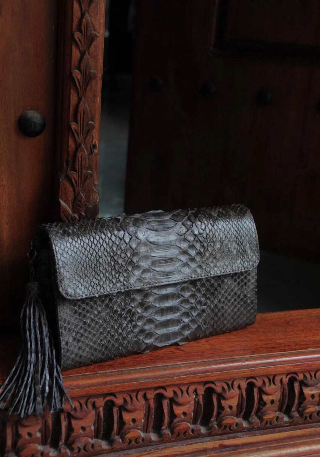 Genuine Python Skin Flat Clutch with Chain — Gray