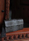 Genuine Python Skin Flat Clutch with Chain — Gray