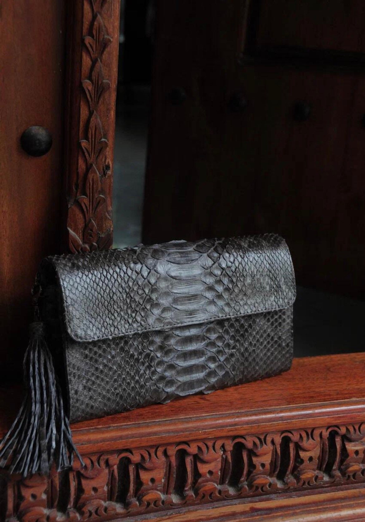 Genuine Python Skin Flat Clutch with Chain — Gray