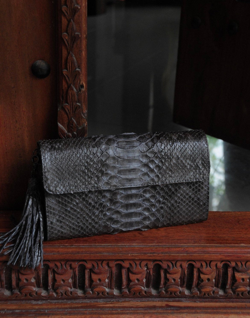 Genuine Python Skin Flat Clutch with Chain — Gray