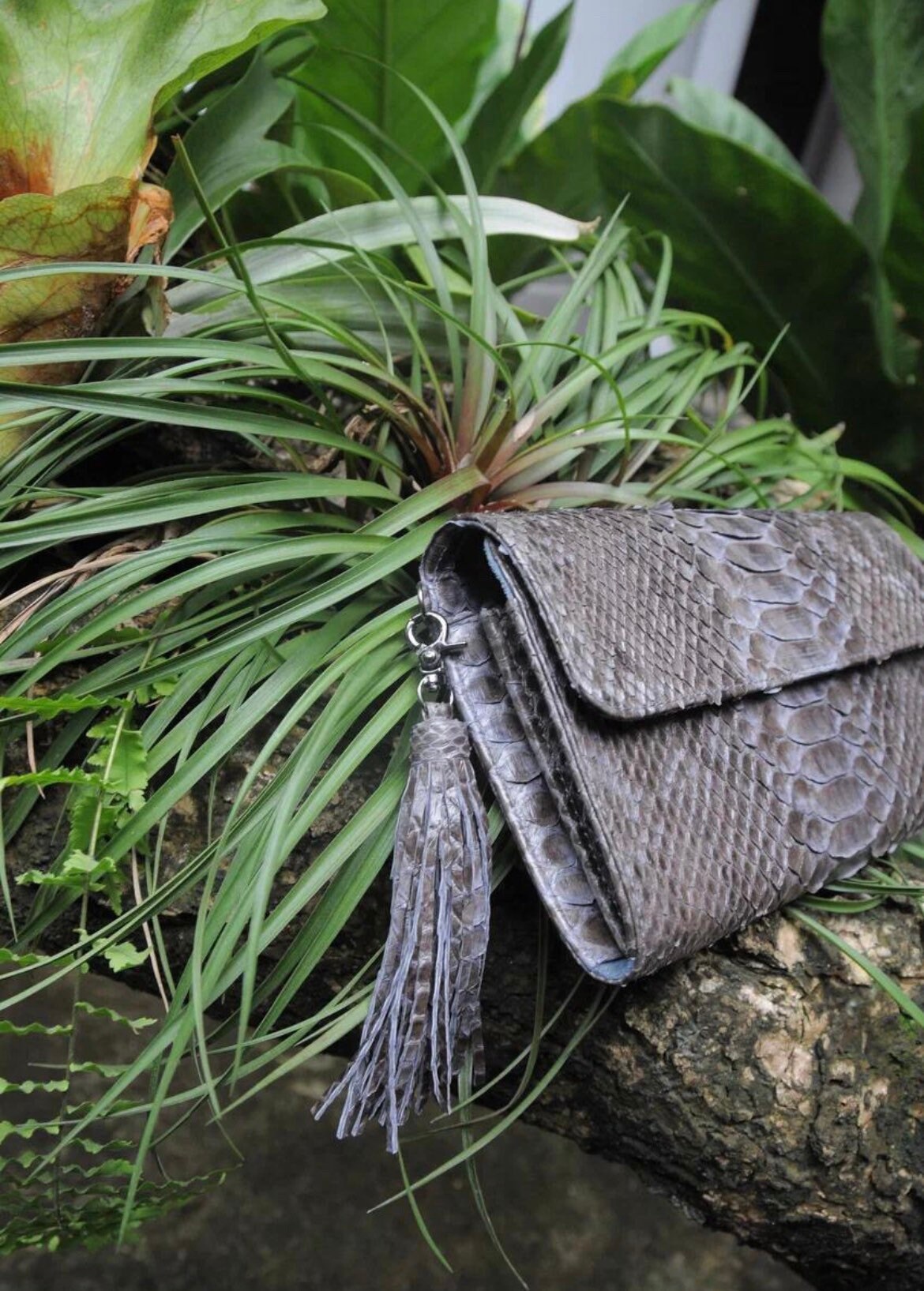 Genuine Python Skin Flat Clutch with Chain — Gray