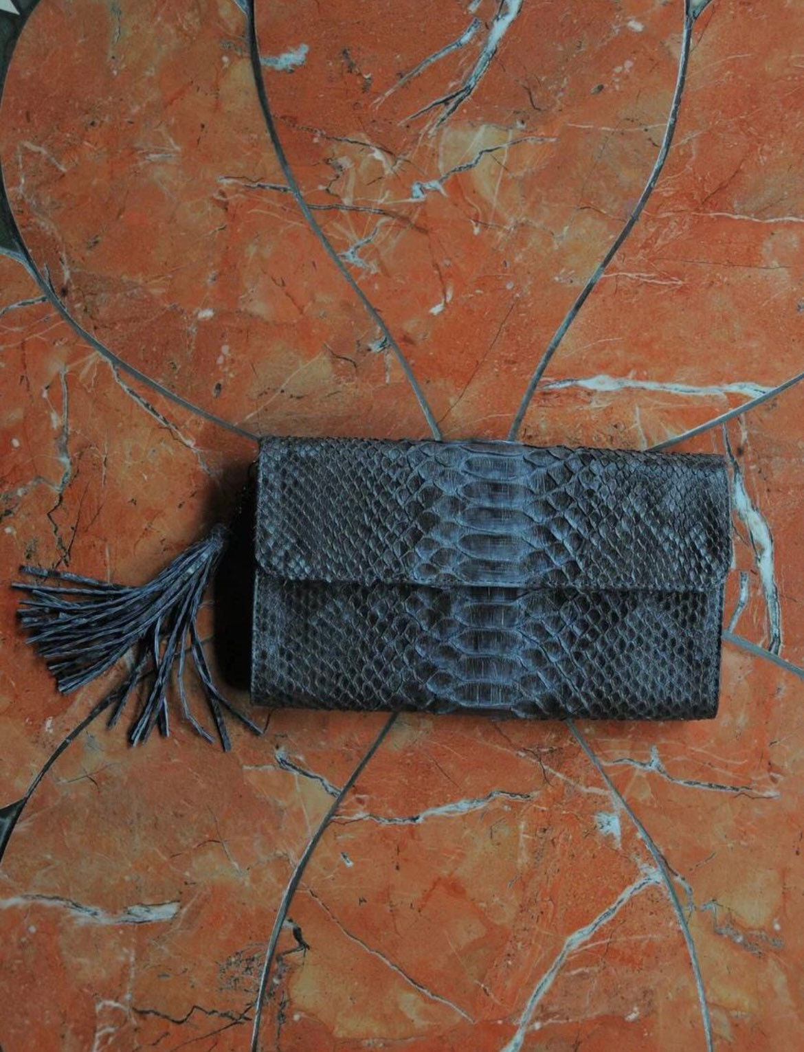 Genuine Python Skin Flat Clutch with Chain — Gray