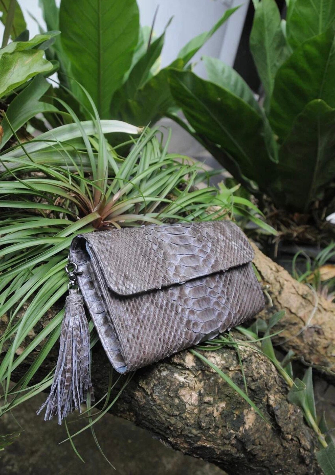 Genuine Python Skin Flat Clutch with Chain — Gray