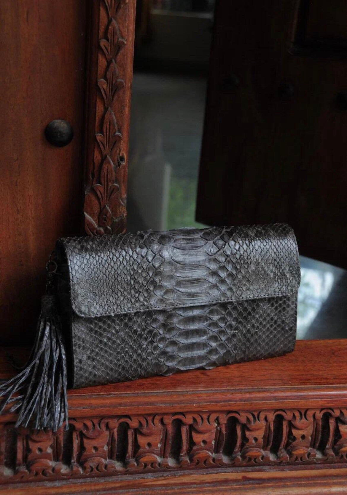 Genuine Python Skin Flat Clutch with Chain — Gray