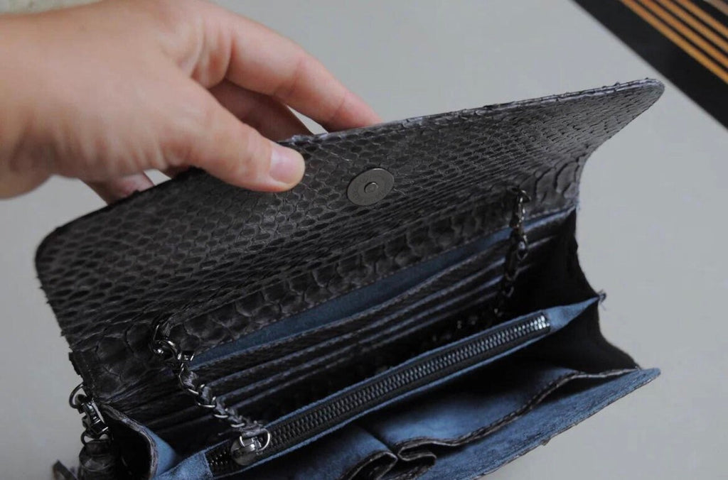 Genuine Python Skin Flat Clutch with Chain — Gray