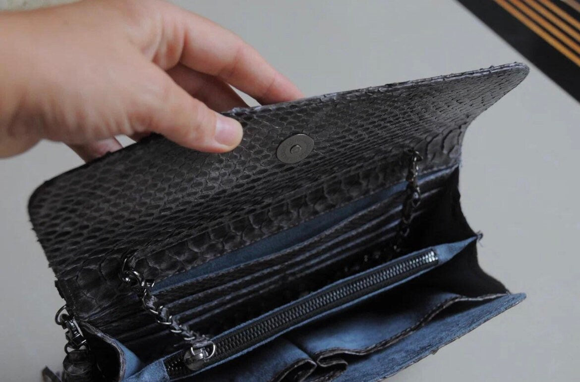 Genuine Python Skin Flat Clutch with Chain — Gray