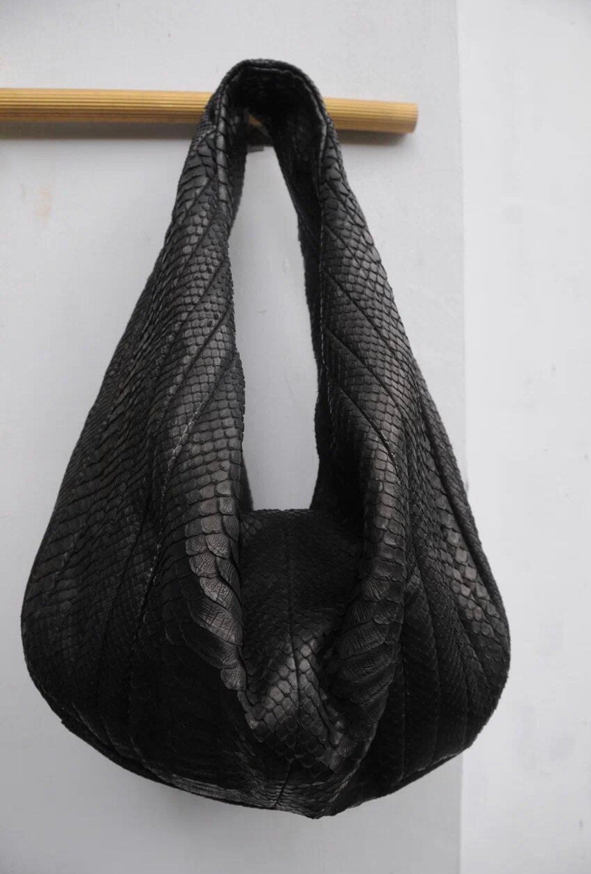 Big Soft Hobo Python Skin Stitched Bag — Black