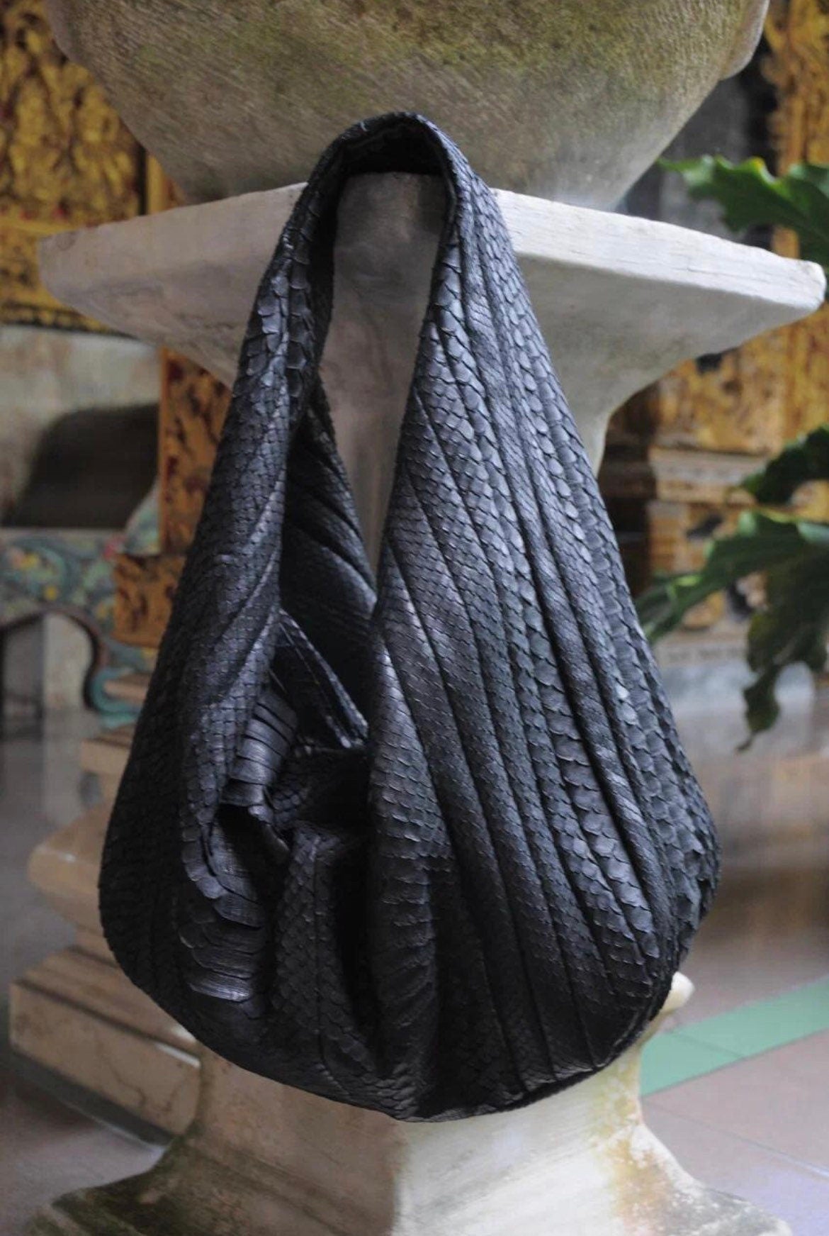 Big Soft Hobo Python Skin Stitched Bag — Black