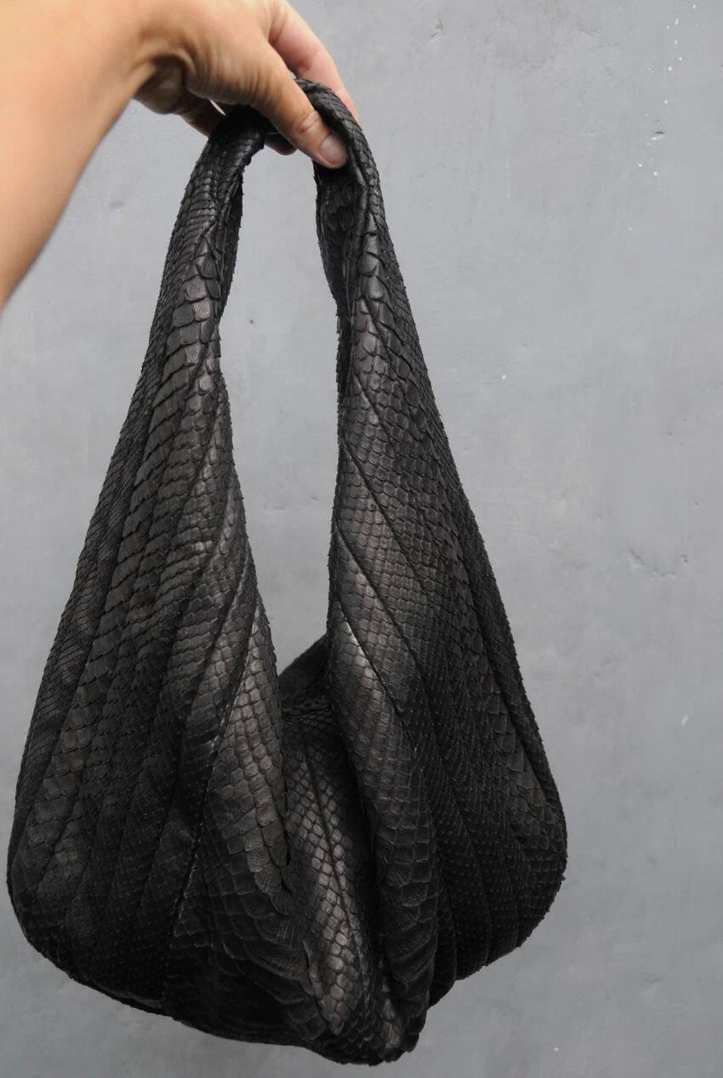 Big Soft Hobo Python Skin Stitched Bag — Black