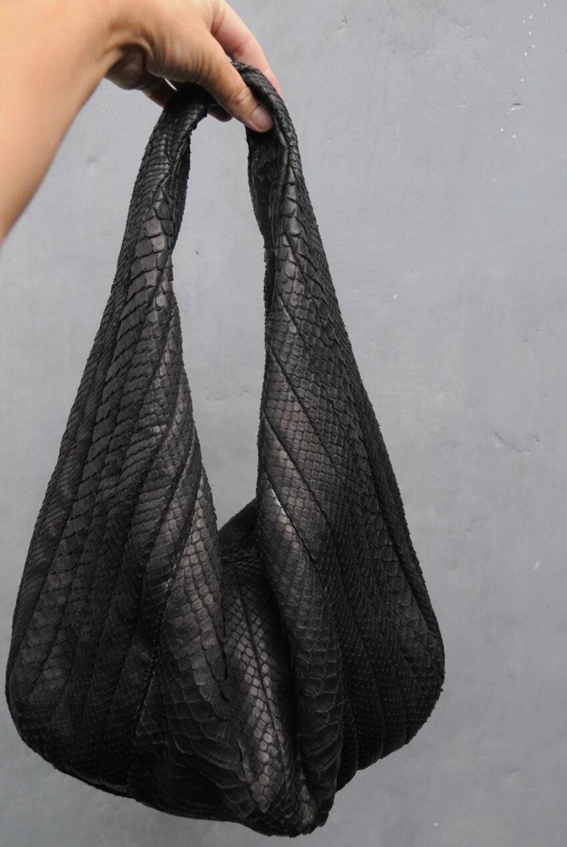 Big Soft Hobo Python Skin Stitched Bag — Black