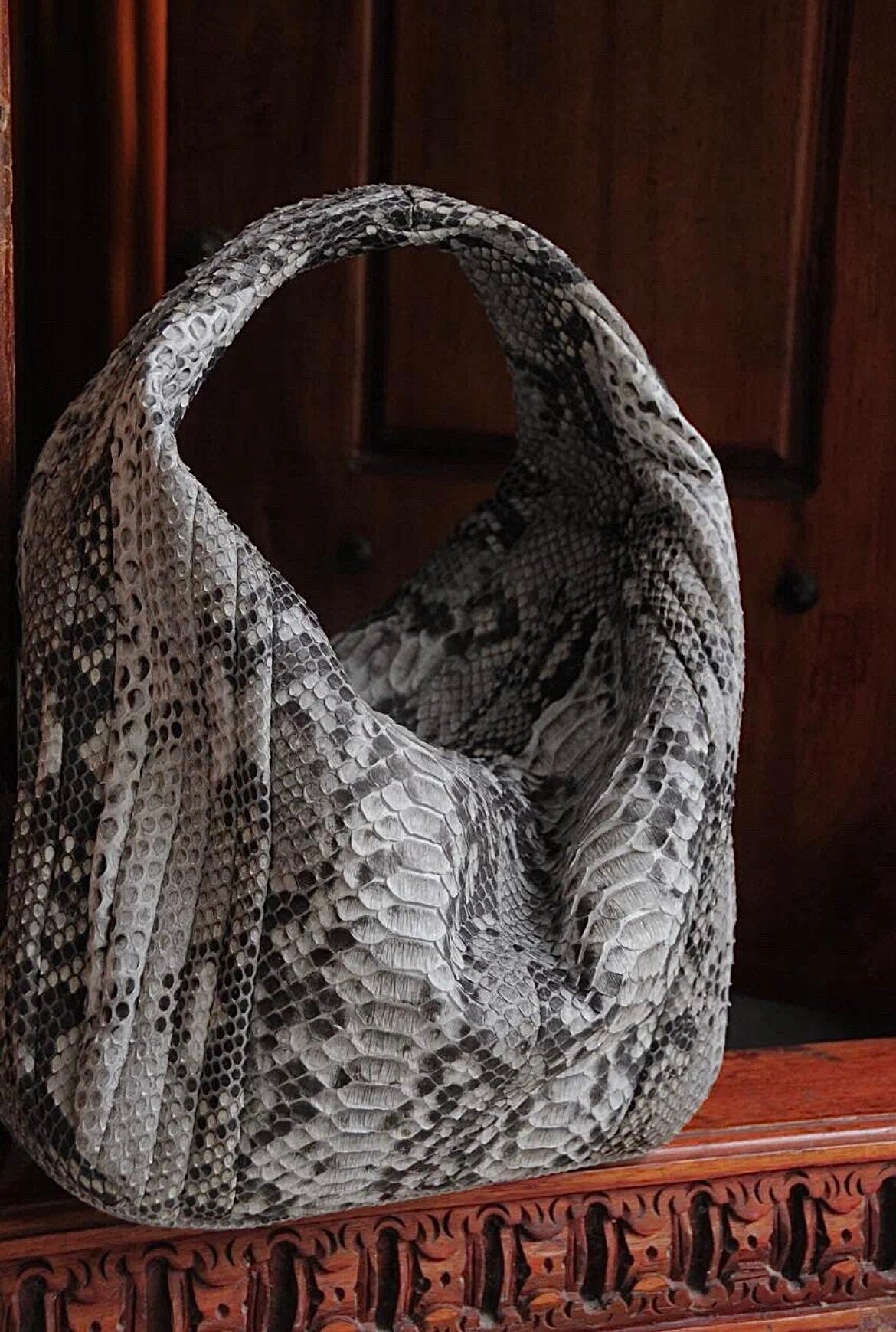 Big Soft Hobo Python Skin Stitched Bag — Gray