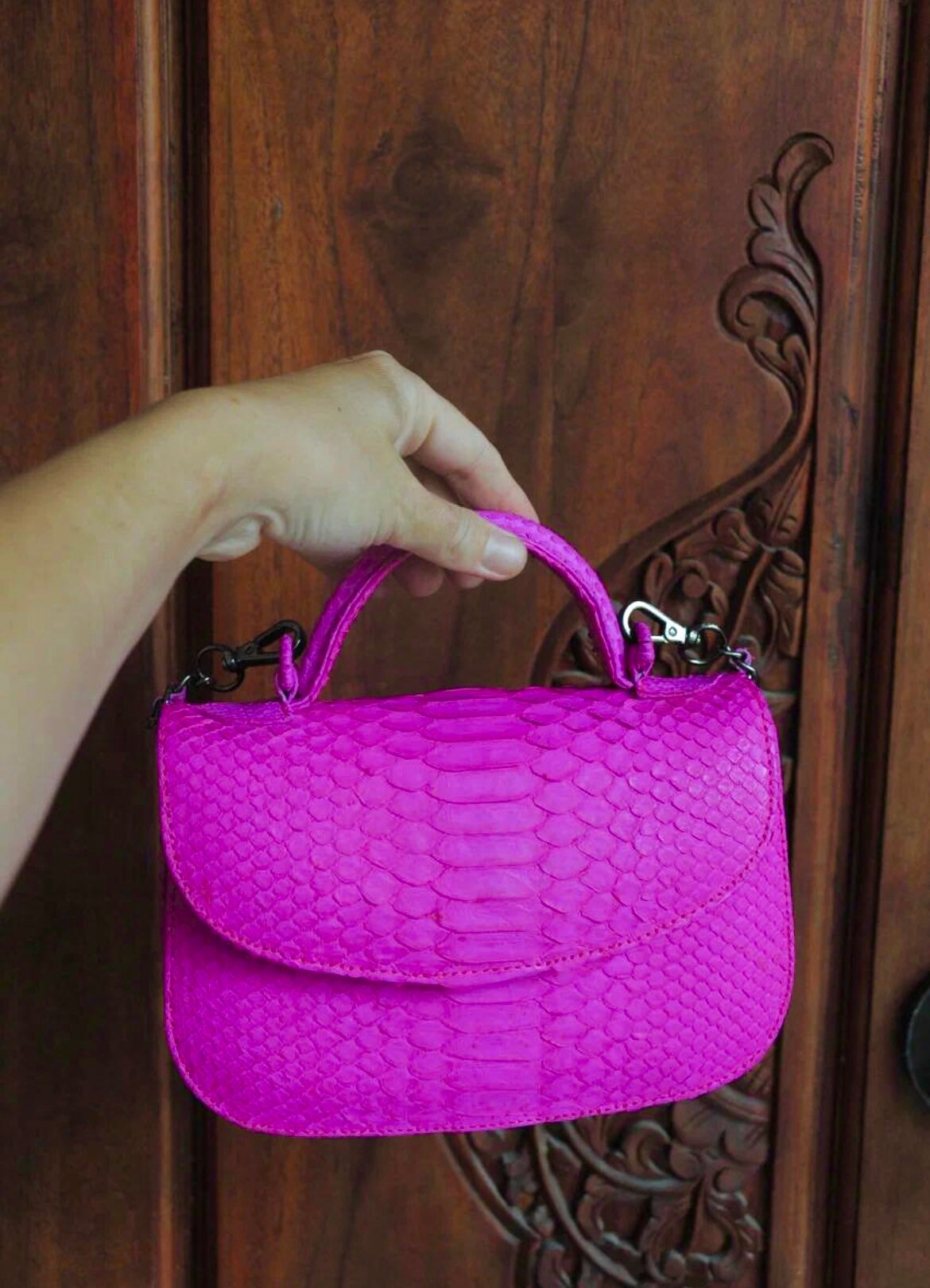 Genuine Python Skin Top Handle Crossbody Bag — Hot Pink